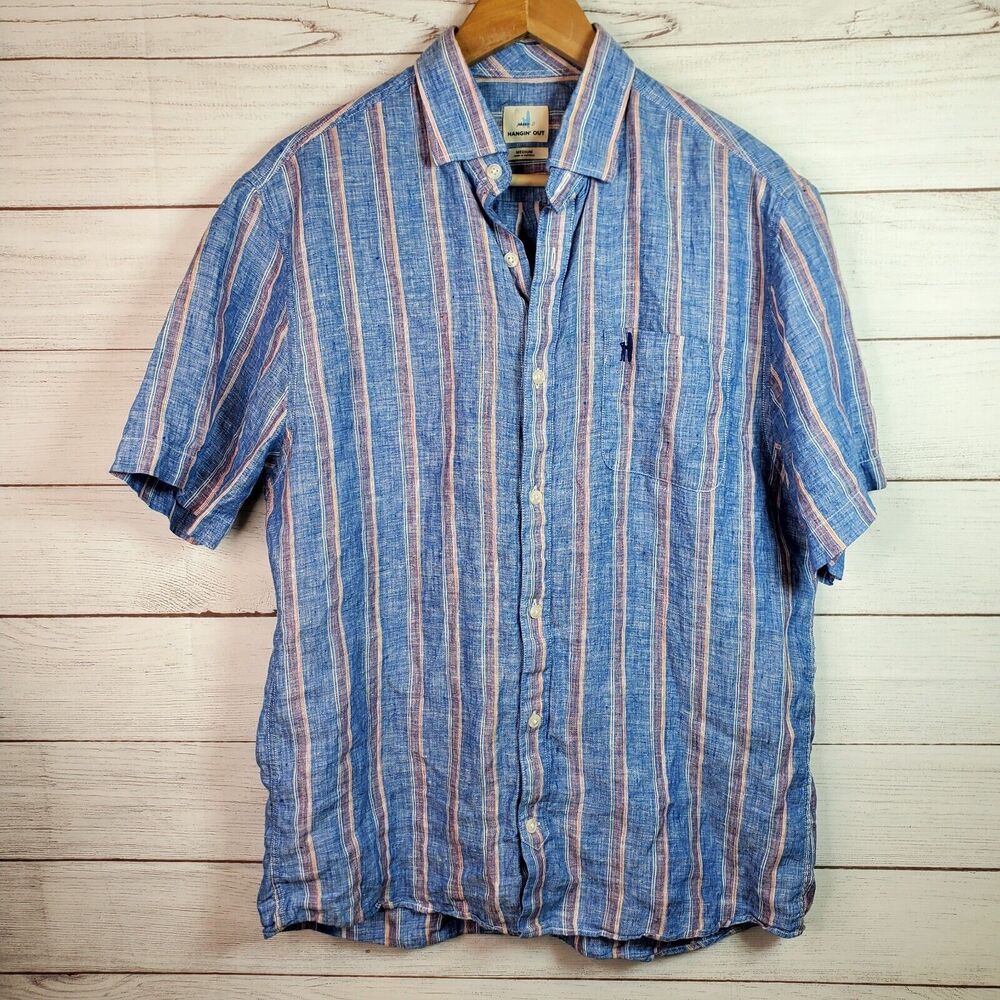 Johnnie O Shirt Mens Medium Blue Striped Linen Button Down Outdoor Surf Beach